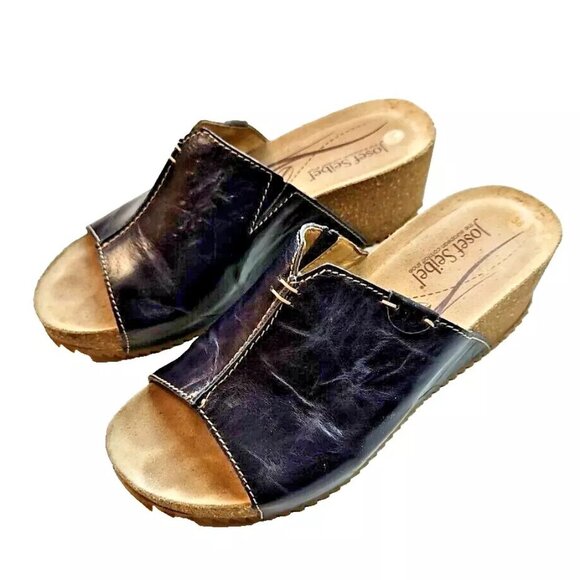 Josef Seibel Meike Platform Wedge Sandals Size 7.5 EU 38 Dark Blue Leather Slide - Picture 2 of 8